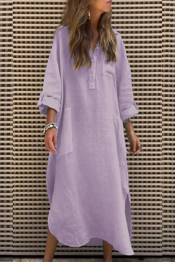 Solid Color Casual Button Pockets Irregular Hem Maxi Dress-consonak