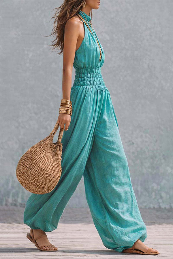 Flowy Smocked Waist Wide-Leg Palazzo Romper-Consonak