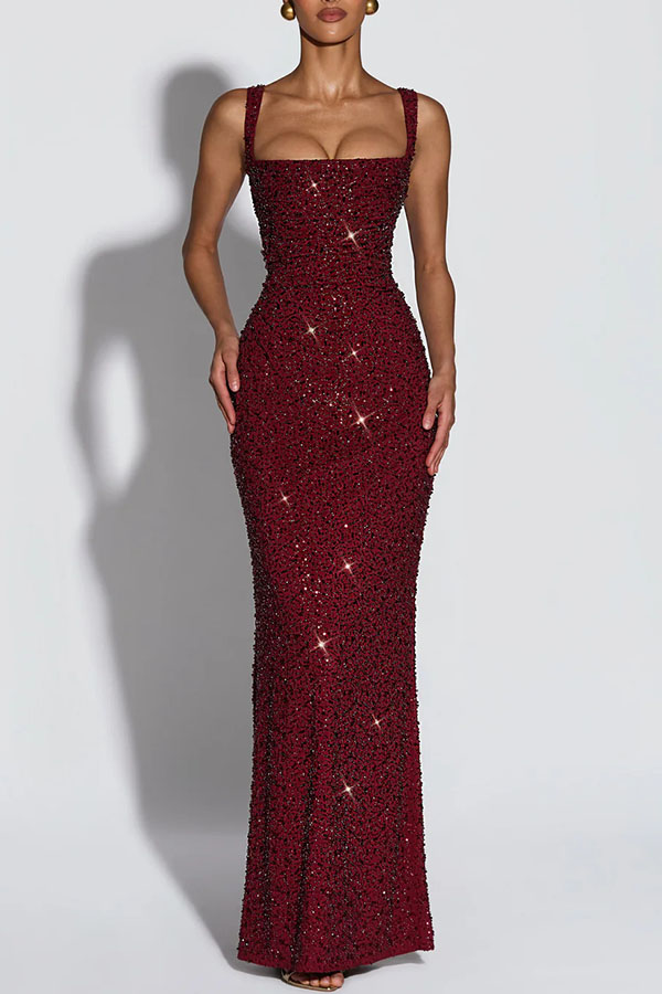 Calanthe Sequin Embellished Chiffon Ruched Square Neck Back Lace-up Maxi Dress | Consonak