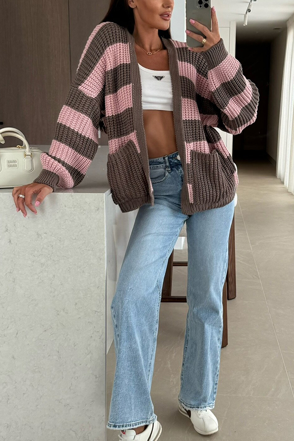 Fashionable Patchwork Striped Casual Pocket Knitted Sweater-consonak