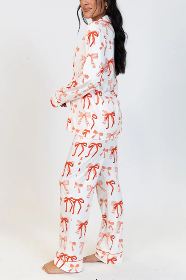 Christmas Bow Print Long Sleeve Shirt and Elastic Waist Pocket Pants Set-consonak