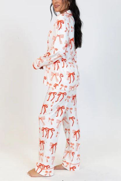 Christmas Bow Print Long Sleeve Shirt and Elastic Waist Pocket Pants Set-consonak