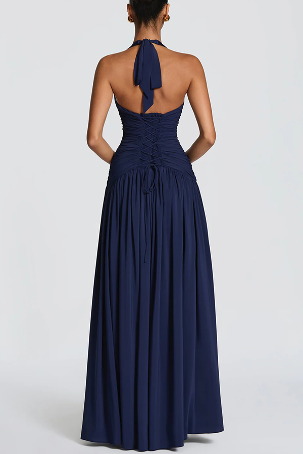 Amaris Halter Tie-up V-neck Ruched Detail Back Lace-up Slit Drape Maxi Dress-consonak