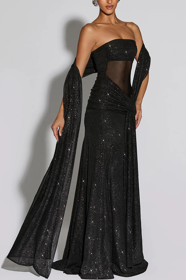 Paula Sequined Mesh and Jersey Off Shoulder Ruched Knot Drape Shawl Maxi Dress | Consonak