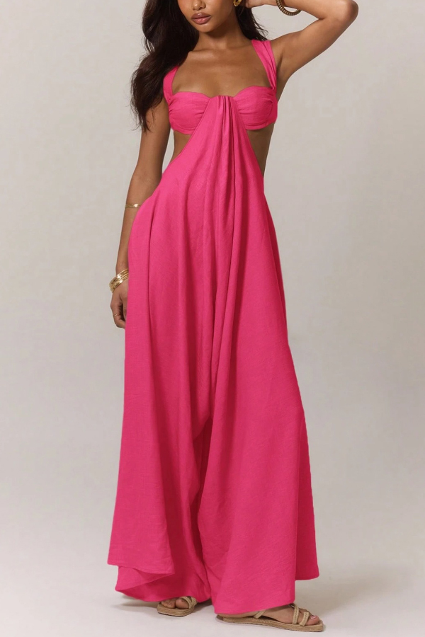 Solid Color Casual Camisole Loose Stretch Wide-leg Jumpsuit-consonak