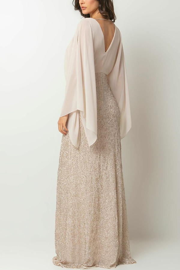 Aleina Chiffon Batwing Sleeve Flower Embroidered Waist Sequin Fabric Maxi Dress | Consonak