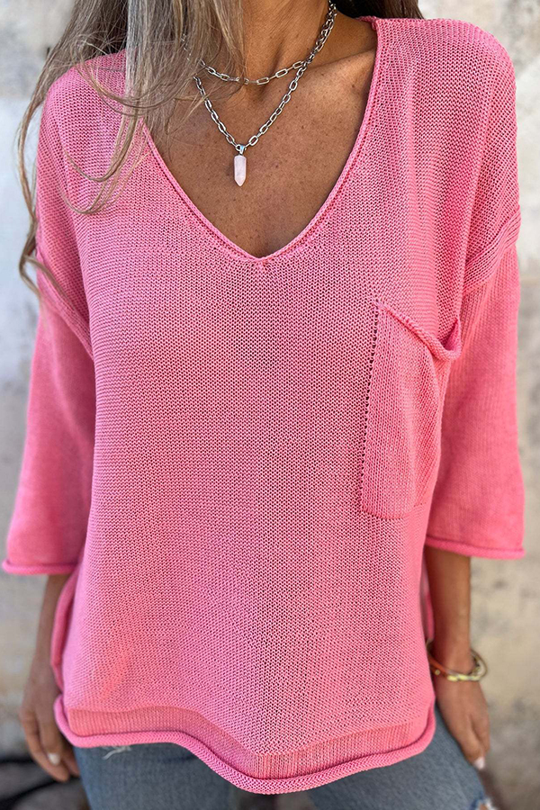 Autumn and Winter Knit V-neck Long Sleeve Pocket Casual Sweater-consonak
