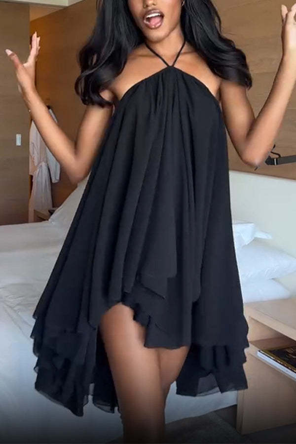 Chiffon Solid Color Halter Backless Irregular Mini Dress-consonak