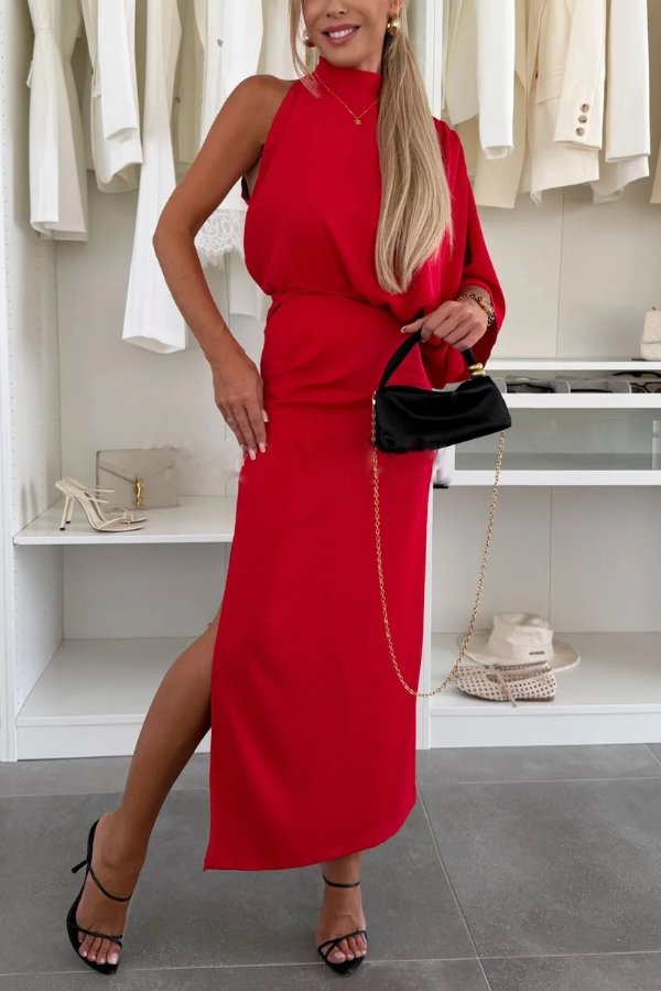 Asymmetrical Design Solid Color One-sleeve Fitted Waist Elegant Slit Maxi Dress