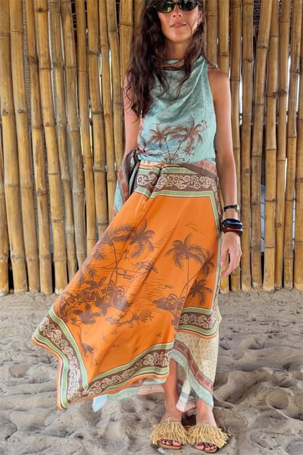 Alberta Satin Unique Color-blocked Print Tie Detail Layered Scarf Midi Dress | Consonak