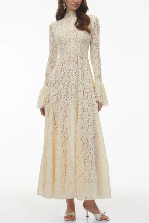 Nasrin Floral Lace Mock Neck Long Bell Sleeve Pleated Hem Maxi Dress
