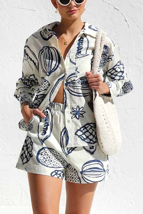 Parkside Pretty Tropical Fruit Print Loose Shirt and Elastic Waist Pocketed Shorts Set-consonak