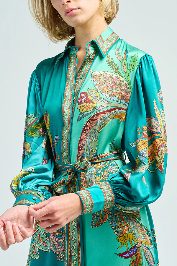 Resort Style satin Unique Printed Lapel Lantern Sleeve Lace-up Midi Dress-consonak