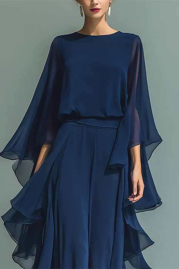 Chic Midnight Blue Ruffled Overlay Wide-Leg Pantsuit-Consonak