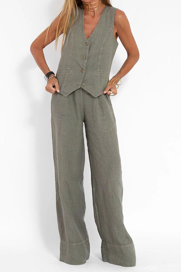 Eddie Linen Blend Button Vest and Elastic Waist Pocketed Wide Leg Pants Set-consonak