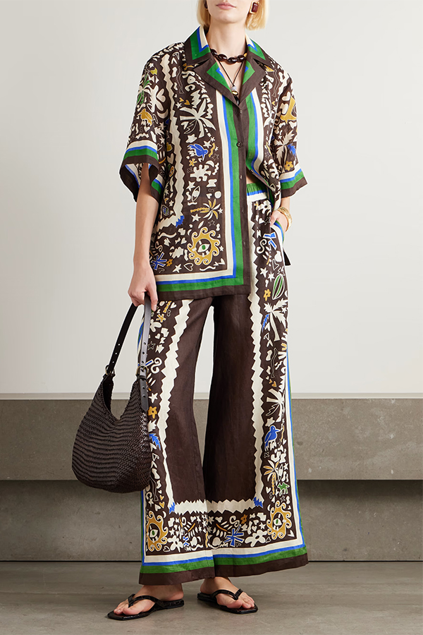 Antibes Satin Court Unique Printed Long Sleeve Loose Shirt and Elastic Waist Pants Set | Consonak