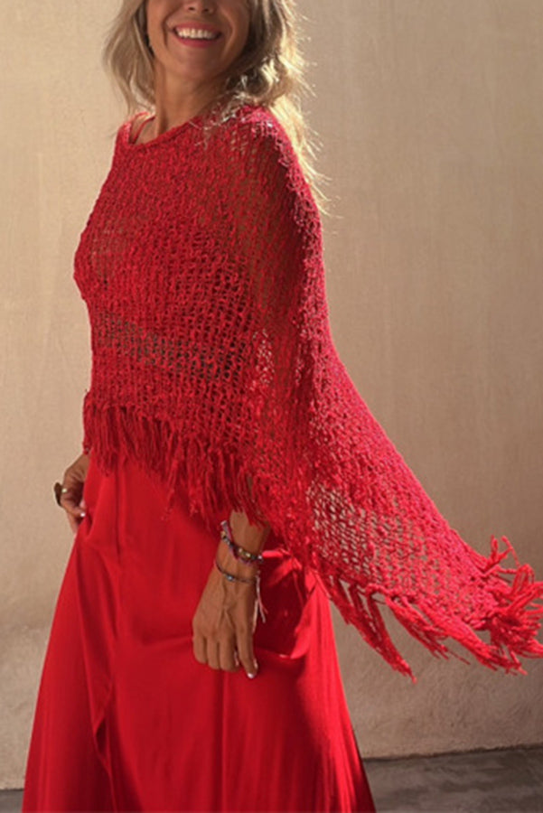 Sunset Breeze Hollow Out Tassel Knit Cover-up Top-consonak