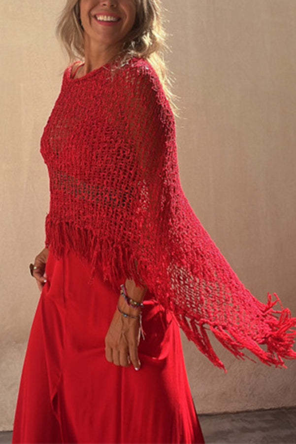 Sunset Breeze Hollow Out Tassel Knit Cover-up Top-consonak