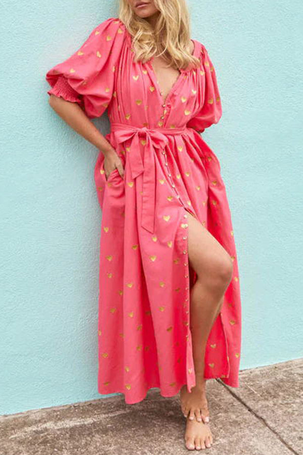 Valentine's Day Gold Heart Print Puff Sleeve Button Pocketed Loose Maxi Dress-consonak
