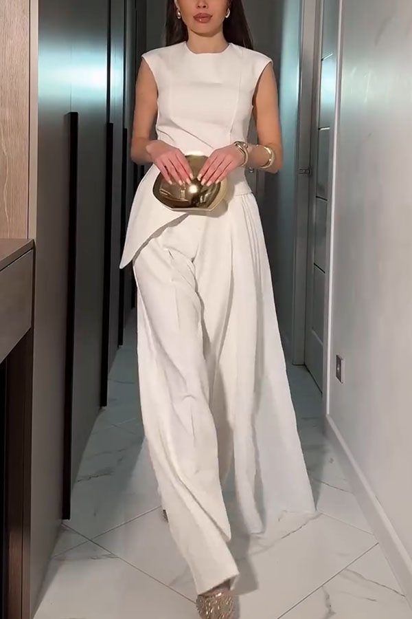 Cecily Short Sleeve Drape Tulle Hem Top and High Waist Pocket Wide Leg Pants Set-consonak