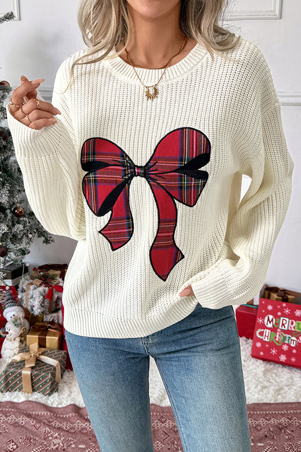 Christmas Plaid Bowknot Round Neck Long Sleeve Loose Knitted Sweater-consonak