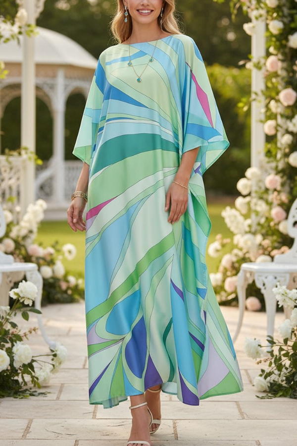 Unique Geometric Print Loose Round Neck Vacation Cover-up Maxi Dress