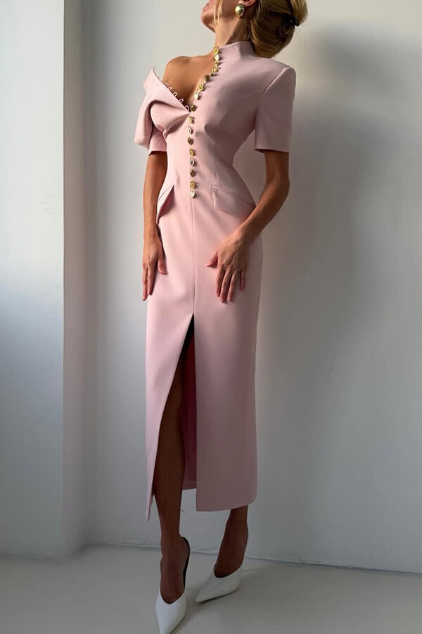 Kathy Unique Metal Pattern Buttons High Neck Short Sleeve Pencil Slit Midi Dress