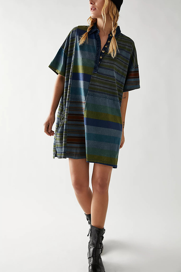 Contrast Striped Patchwork Denim Lapel Loose Casual Mini Dress-consonak