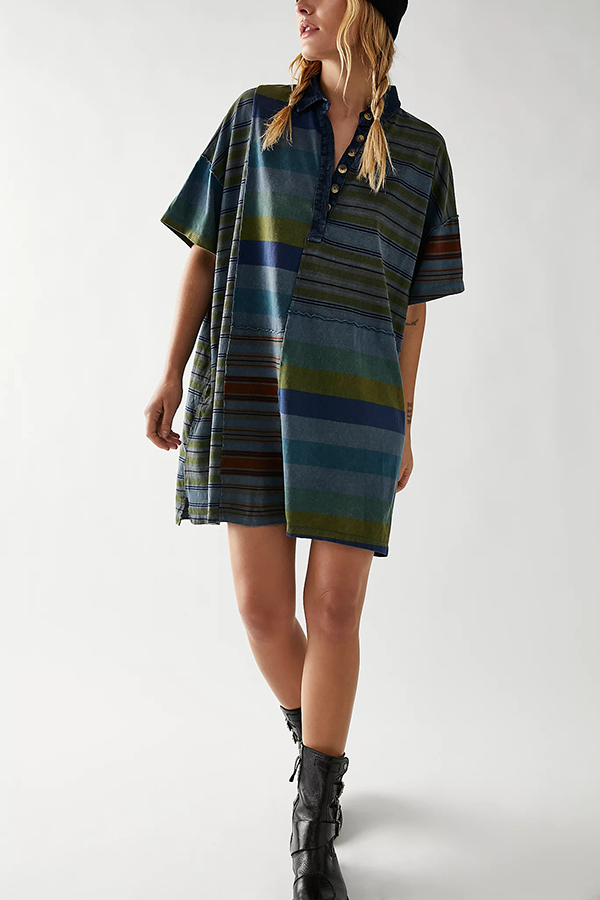 Contrast Striped Patchwork Denim Lapel Loose Casual Mini Dress-consonak