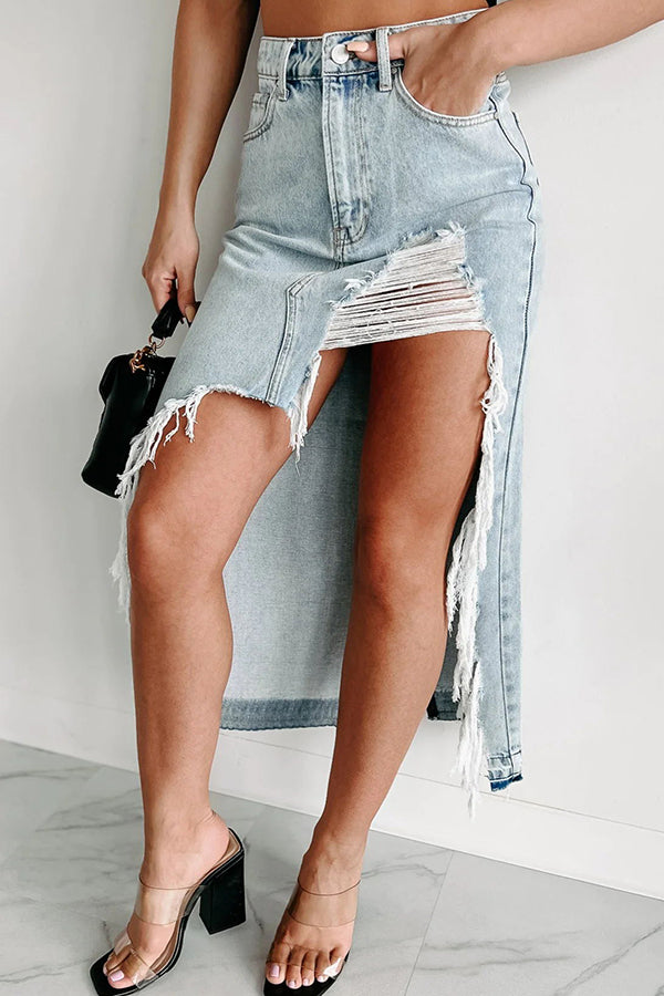 Darla Cutting Ties Heavily Distressed Denim Maxi Skirt-consonak