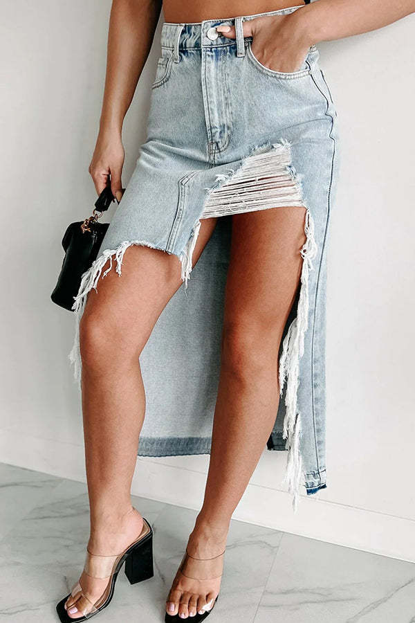 Darla Cutting Ties Heavily Distressed Denim Maxi Skirt-consonak
