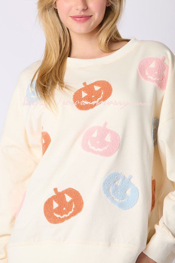 Halloween Colorful Pumpkin Embroidered Loose Casual Sweatshirt-consonak