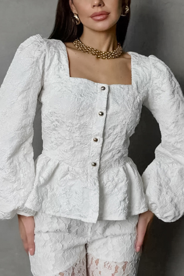 Solid Color Jacquard Square Neck Puff Sleeve Elegant Button Top