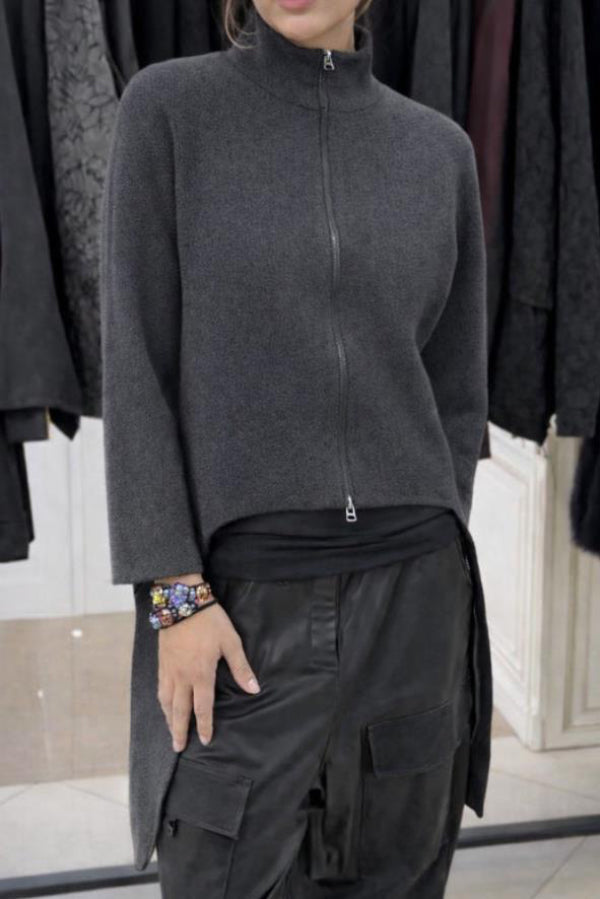 Solid Color Zipper Long-sleeved Irregular Casual Jacket