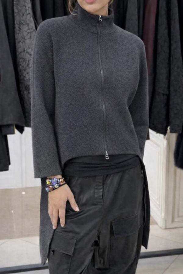 Solid Color Zipper Long-sleeved Irregular Casual Jacket