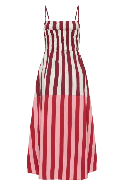 Striped Print Camisole Pleated Holiday Midi Dress-consonak