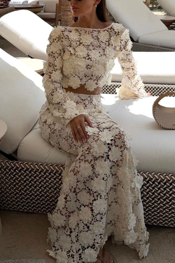 Stylish Long-sleeved Backless Lace Top and Elegant Openwork Maxi Fishtail Skirt Set | Consonak