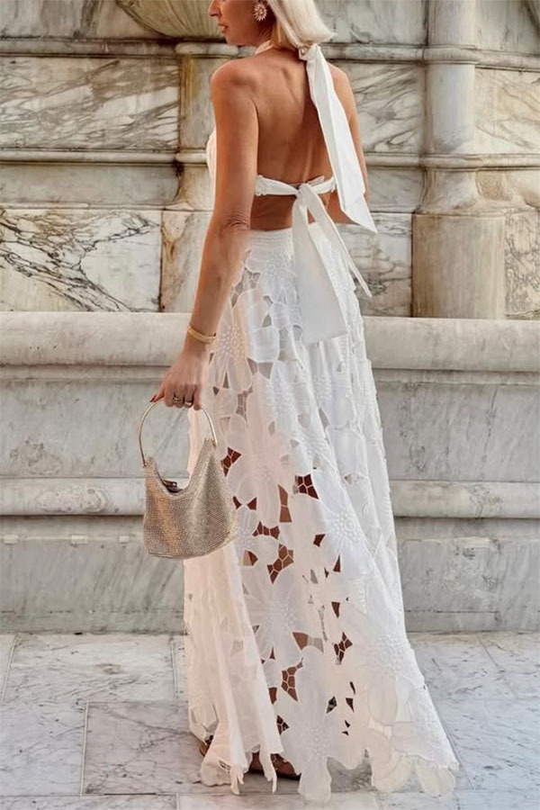 Sevilla Sun Embroidery Crochet Flowers Cutout Waist Halter Backless Maxi Dress-consonak