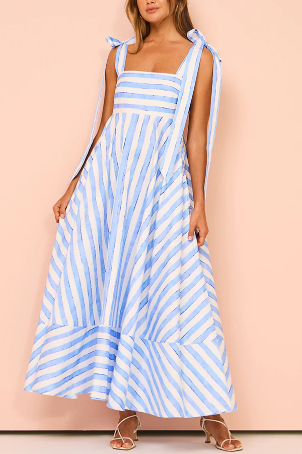 Treasured Times Stripe Print Tie-up Shoulder Pocketed A-line Maxi Dress-consonak