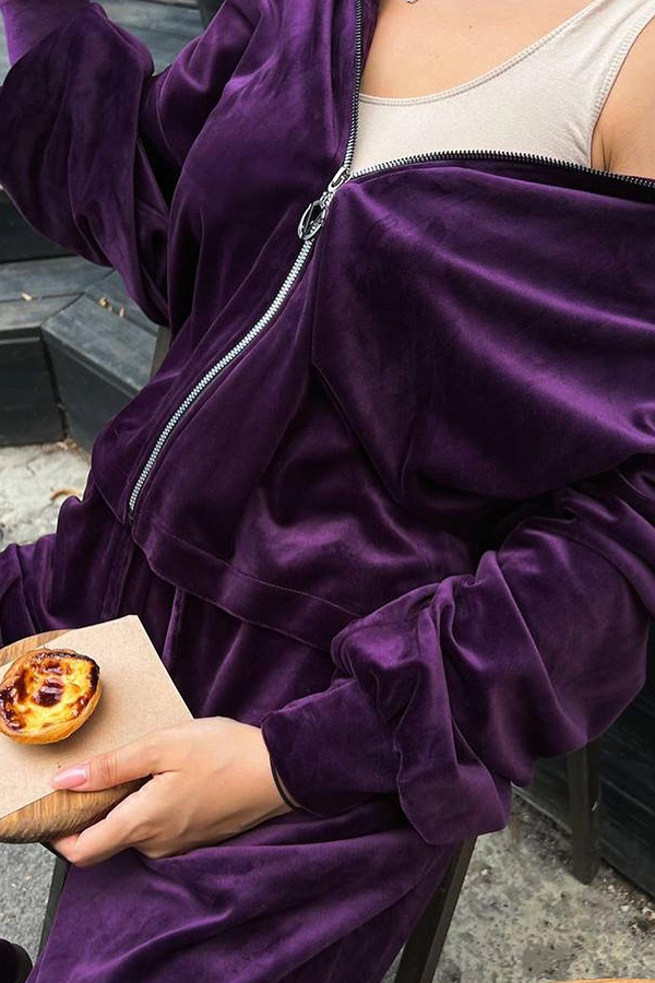 Velvet Casual Zip-up Hooded Top and Elastic Waist Wide Leg Pants Set-consonak