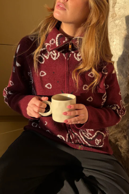 Fashionable Jacquard Turtleneck Long-sleeved Casual Zip-up Pocket Knit Top