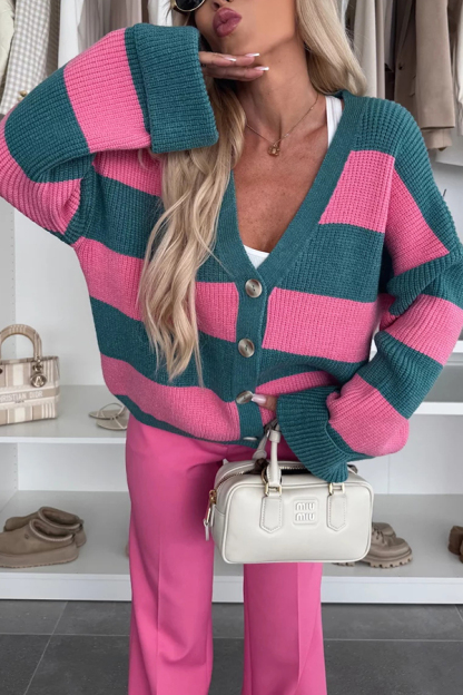 Fashion Contrast Striped Casual V-neck Long-sleeved Knitted Cardigan-consonak