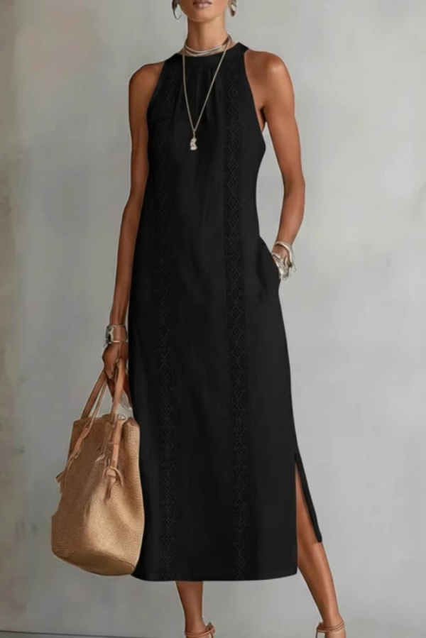 Solid Color Round Neck Sleeveless Casual Pockets Midi Dress