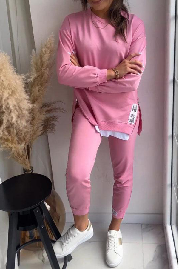 Solid Color Round Neck Long-sleeved Sweatshirt and Elastic Waist Pants Set | Consonak