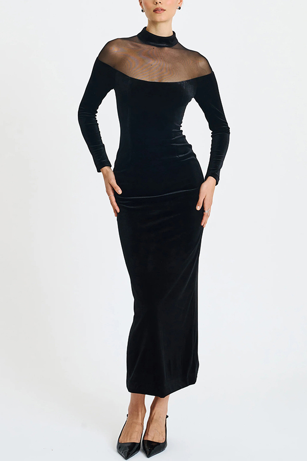Fashionable Velvet and Mesh Spliced ​​long-sleeved Slim-fit Maxi Dress-consonak