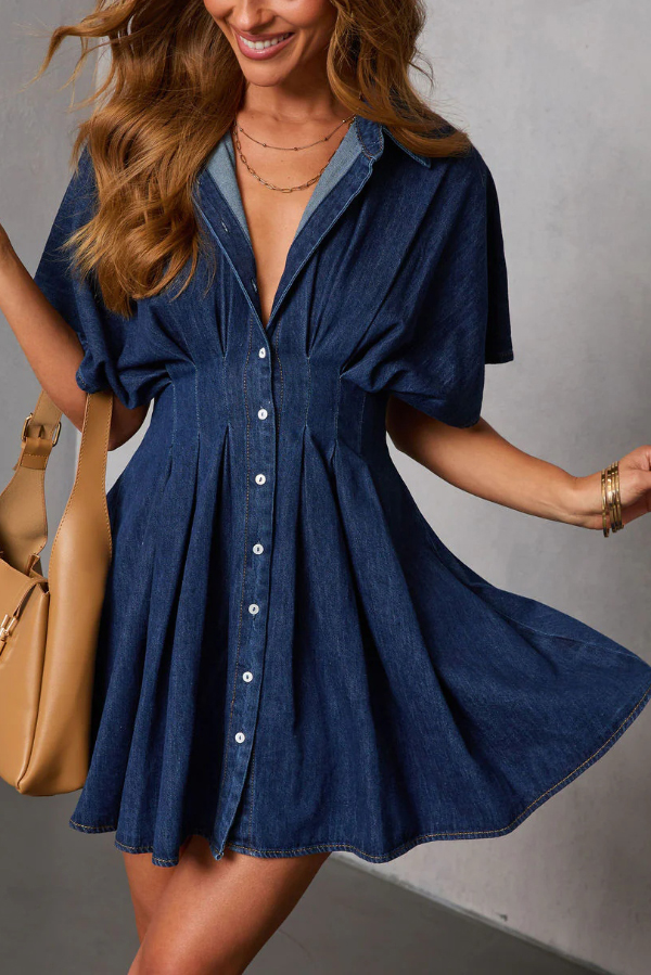 Stylish Collared Short-sleeved Fitted Waist Button-down Casual Mini Dress