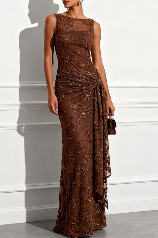 Solana Sequin Jacquard Boat Neck Sleeveless Tie-up Hem Sheath Floor-length Gown Dress-Consonak