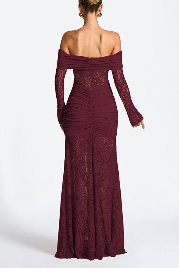 Solid Color Patchwork Lace Off-shoulder Long-sleeved Pleated Slim-fit Maxi Dress-consonak