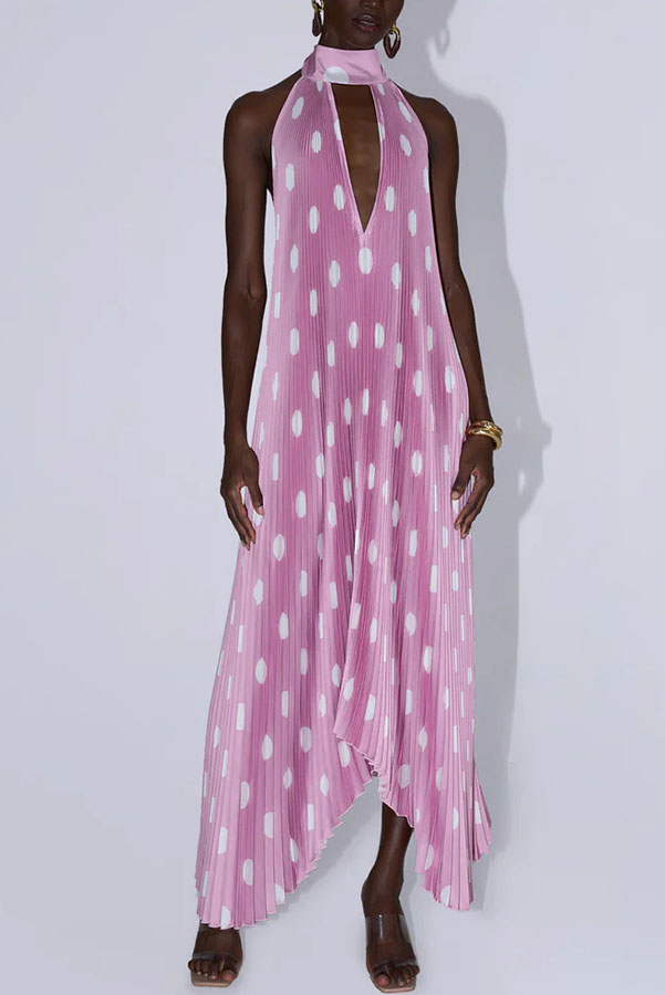 Opera Pleated Satin Polka Dot Print High Neck Cutout Halter Maxi Dress-consonak