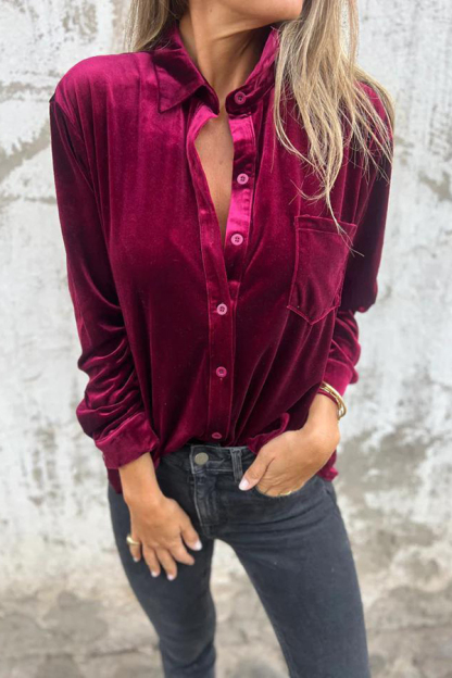 Solid Velvet Long-sleeved Single-breasted Loose Pocket Shirt-consonak